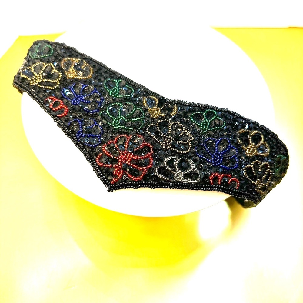 Vtg SMX 80s Beaded 29 inch Waist Belt Black Satin V Shape M/L Whimsigoth Baroque